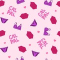 Girl stuff seamless pattern. Gal pal text, lips and lingerie repeated ornament. Design for textile, fabric, wrapping paper,