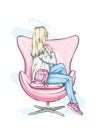 The girl in stylish clothes sits in an armchair. Vector illustration for postcard or poster, print for clothing and accessories.