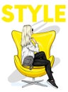 The girl in stylish clothes sits in an armchair. Vector illustration for postcard or poster, print for clothing and accessories.