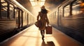Girl with suitcase is late for train, travel background. Generative AI