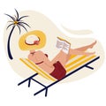 Girl in summer on the beach reads. A woman is lying in a striped chaise lounge in a fashionable striped hat. Remote