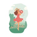 Girl in summer dress with bouquet dancing in meadow of flowers against sunny sky. Vector flat cartoon illustration.