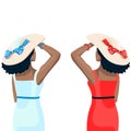 Girls in summer hat with a bow and in a tight dress looks into the distance