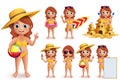 Girl summer kids vector character set. Young girl wearing bikini doing summer beach activities Royalty Free Stock Photo