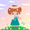 Girl on a summer lawn, with red curly hair, in a wreath of daisies