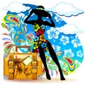 Girl Summer Traveler with suitcase Summer Vector Illustration Royalty Free Stock Photo