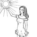 Girl and sun engraving vector illustration Royalty Free Stock Photo