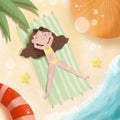 Cute little girl sunbathing on the beach. Cute summer illustration Royalty Free Stock Photo