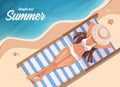 Girl sunbathing on a beach mat on the sea. Summer vacation concept. Vector