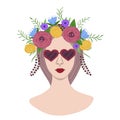 Girl in sunglasses and flowers on her head on white background. Vector illustration for printing, logo, beauty saloon, covers, Royalty Free Stock Photo