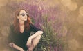 Girl with sunglasses on lavender field. Royalty Free Stock Photo