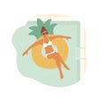 Girl in sunglasses and swimsuit swims on an rubber ring in swimming pool. Relaxing holiday. Top view of vector flat