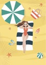 girl in sunglasses takes sunbaths on the beach under an umbrella next to the ball, bag, sunscreen, shells, starfish.