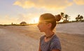 Girl at sunset caribbean beach in Mexico Royalty Free Stock Photo