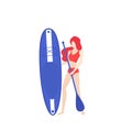 Girl with sup board and paddle, vector