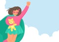 Girl superhero flying in the sky with place for you text.
