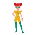 Girl superhero or supergirl. Beautiful smiling redhead child wearing bodysuit and mask with super powers. Strong and