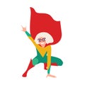 Girl superhero or supergirl. Smiling heroic child wearing bodysuit, cape and glasses in squatting posture. Strong, smart