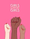 Girl support feminist anti racist protest poster. Vector woman arm feminism sticker, hand-drawn illustration, female solidarity