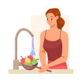 Girl Support Immunity Washing Fruits in Sink with Tap Water Vector Illustration