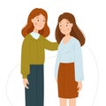 The girl supports her friend. The girl is crying. Women support each other isolated on a white background. Friendly