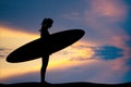 Girl with sur board at sunset
