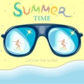 Girl surf-the reflection in the sunglasses.Vector illustration-holidays in the summer.