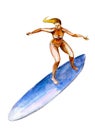 The girl on surfboard, watercolor illustration isolated on white. Royalty Free Stock Photo