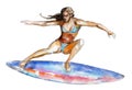 The girl on surfboard, watercolor illustration isolated on white. Royalty Free Stock Photo