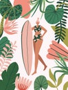 Girl surfer in bikini and jungle. Summer beach surfing background. Vector illustration for cover, postcard, poster. Royalty Free Stock Photo