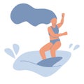 Girl surfer character in swimsuit riding on ocean wave. Summer water sport with surfboard, surfing club or school, active hobby Royalty Free Stock Photo