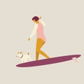 Girl surfer with the dog illustration in vector.