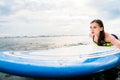 Girl surfer paddling on surfboard to the open sea Royalty Free Stock Photo