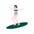 Girl Surfer Riding Surfboard, Young Woman Enjoying Summer Vacation, Recreational Water Sport Vector Illustration