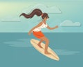 Girl surfer on the sea is surfing. Surfing woman in the sea ocean. A surfer in a swimsuit stands on a surfboard, on the Royalty Free Stock Photo