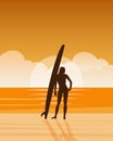 Girl surfer on the seashore with a surfboard against the backdrop of a seascape. Outdoor activities concept