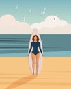 Girl surfer on the seashore with a surfboard against the backdrop of a seascape. Outdoor activities concept