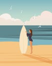 Girl surfer on the seashore with a surfboard against the backdrop of a seascape. Outdoor activities concept