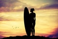 Girl surfer at sunset