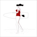 Girl surfer in a swimsuit. Woman with a surfboard. Summer theme. The shore of the sea or ocean. Sports and recreation. Hand drawn Royalty Free Stock Photo