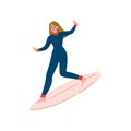 Girl Surfer in Wetsuit Riding Surfboard Catching Wave, Young Woman Enjoying Summer Vacation, Recreational Water Sport