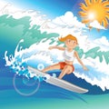 girl surfing on high tides. Vector illustration decorative design