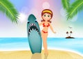 Girl with surfing with shark design Royalty Free Stock Photo