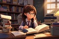 A girl surrounded by books sits at a table, studying. 3D image Royalty Free Stock Photo