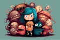 girl, surrounded by group of funny monsters, with each monster having its own unique personality and characteristics