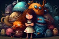 girl, surrounded by group of funny monsters, with each monster having its own unique personality and characteristics