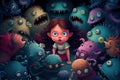 girl, surrounded by group of funny monsters, with each monster having its own unique personality and characteristics