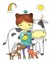 Girl surrounded by her animal friends Royalty Free Stock Photo