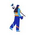 Girl surveyor character in blue helmet and suit flat style