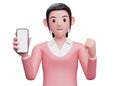 girl in sweater holding phone and clenching hands celebrating